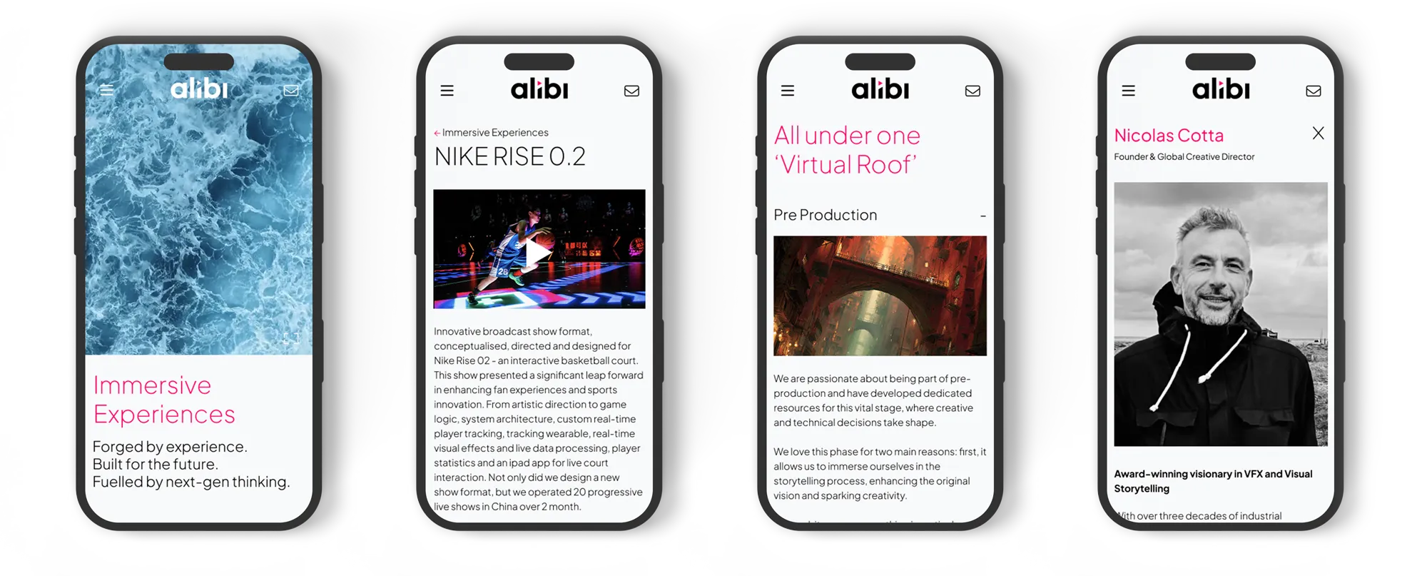 Four pages of the Alibi Studios website shown on phones