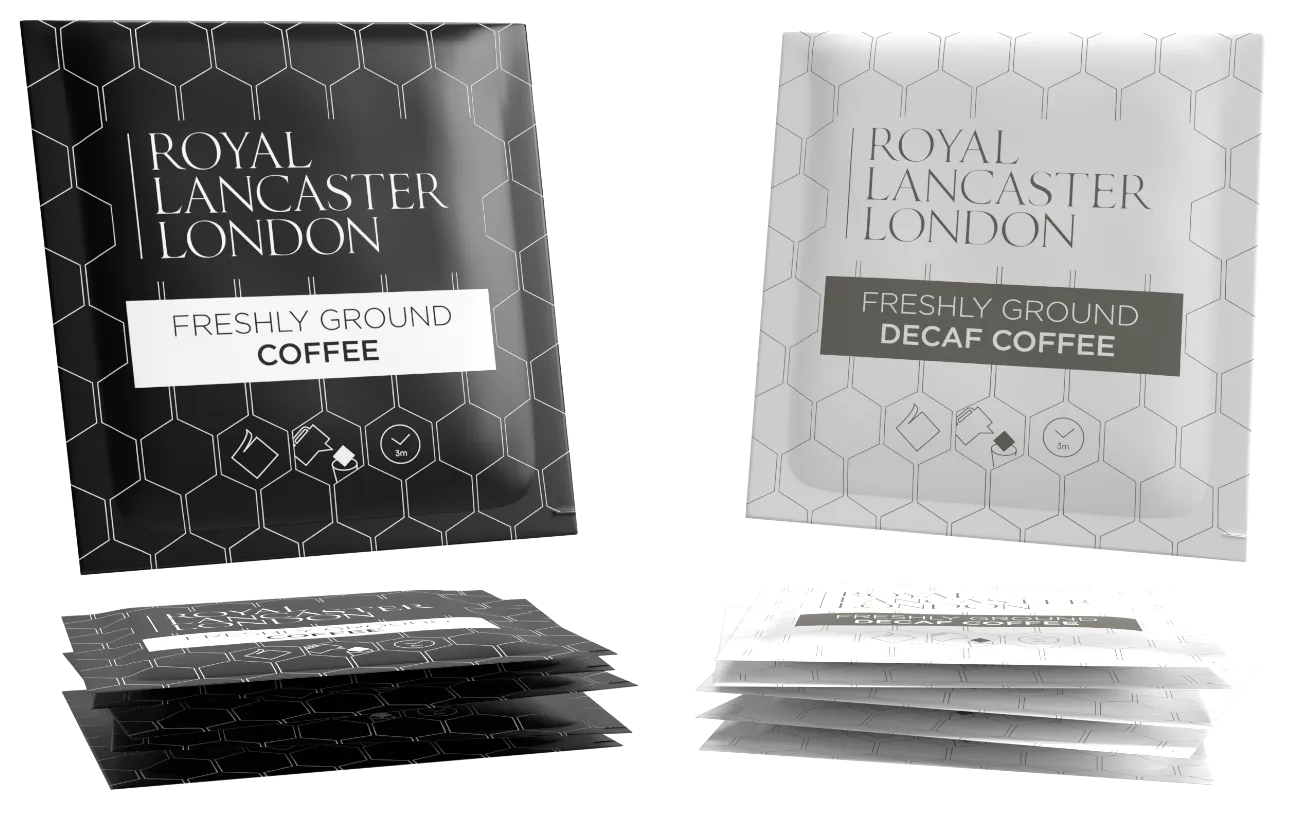 Black and white coffee sachets designed for Royal Lancaster London