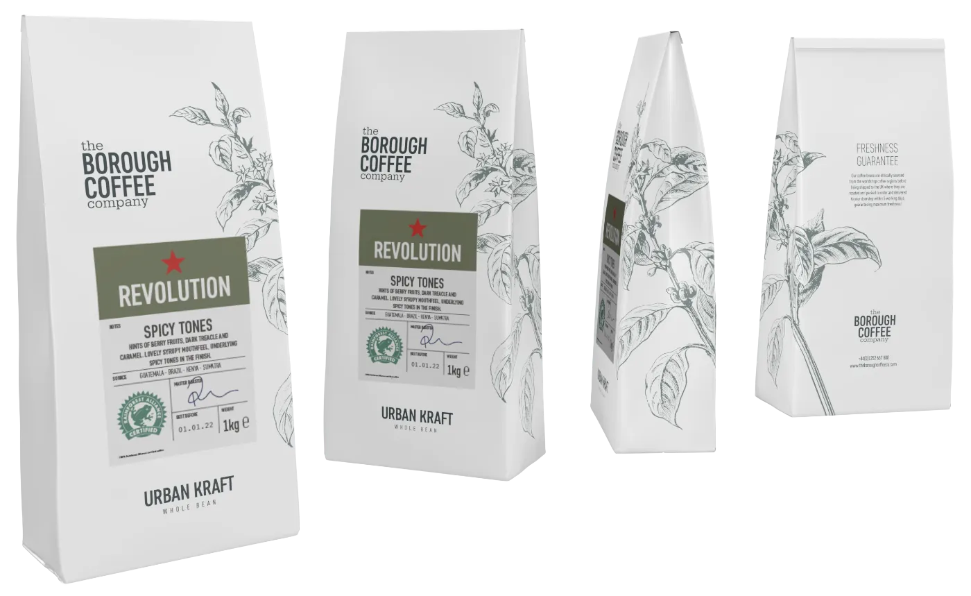 Coffee bags in The Borough Coffee Company packaging with botanical line illustrations
