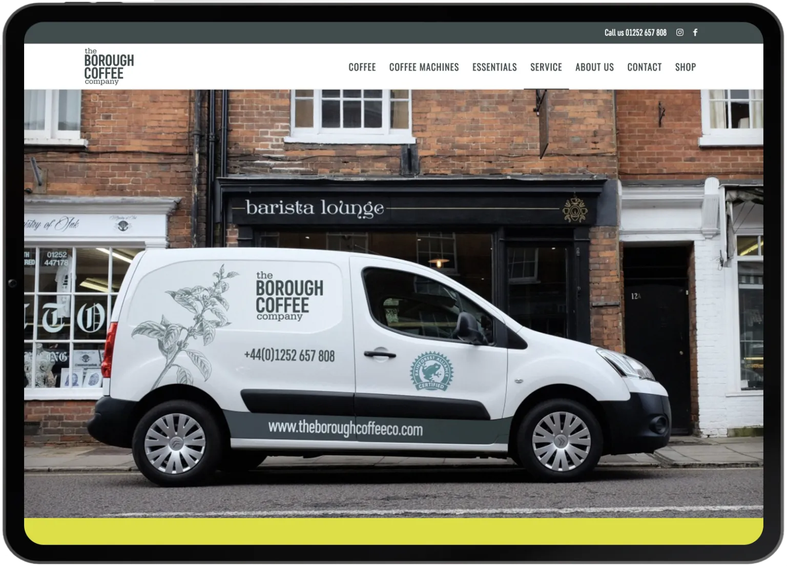 The Borough Coffee Company website home page shown on a tablet
