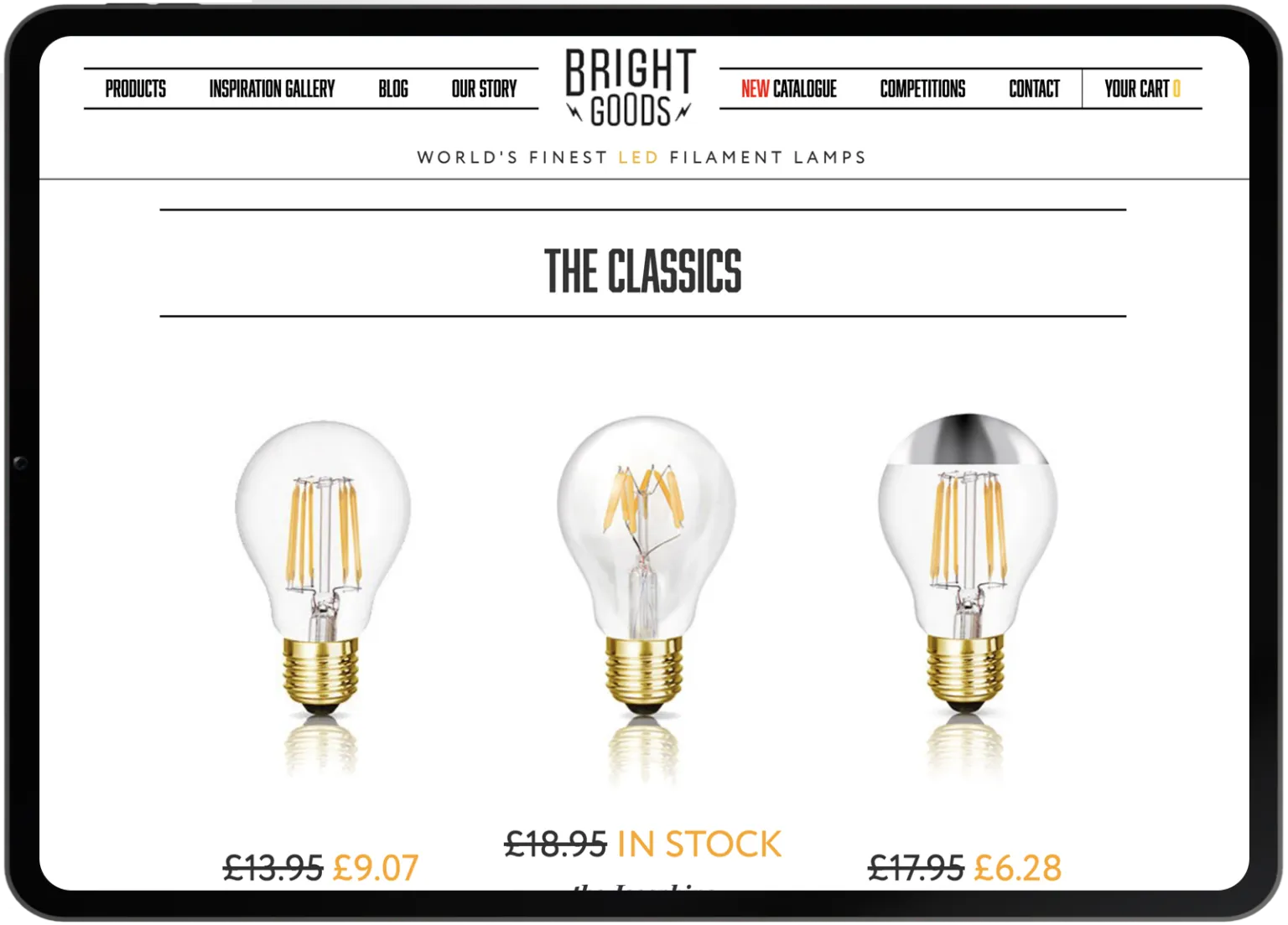 The Bright Goods online shop showing LED filament lamps, shown on a tablet