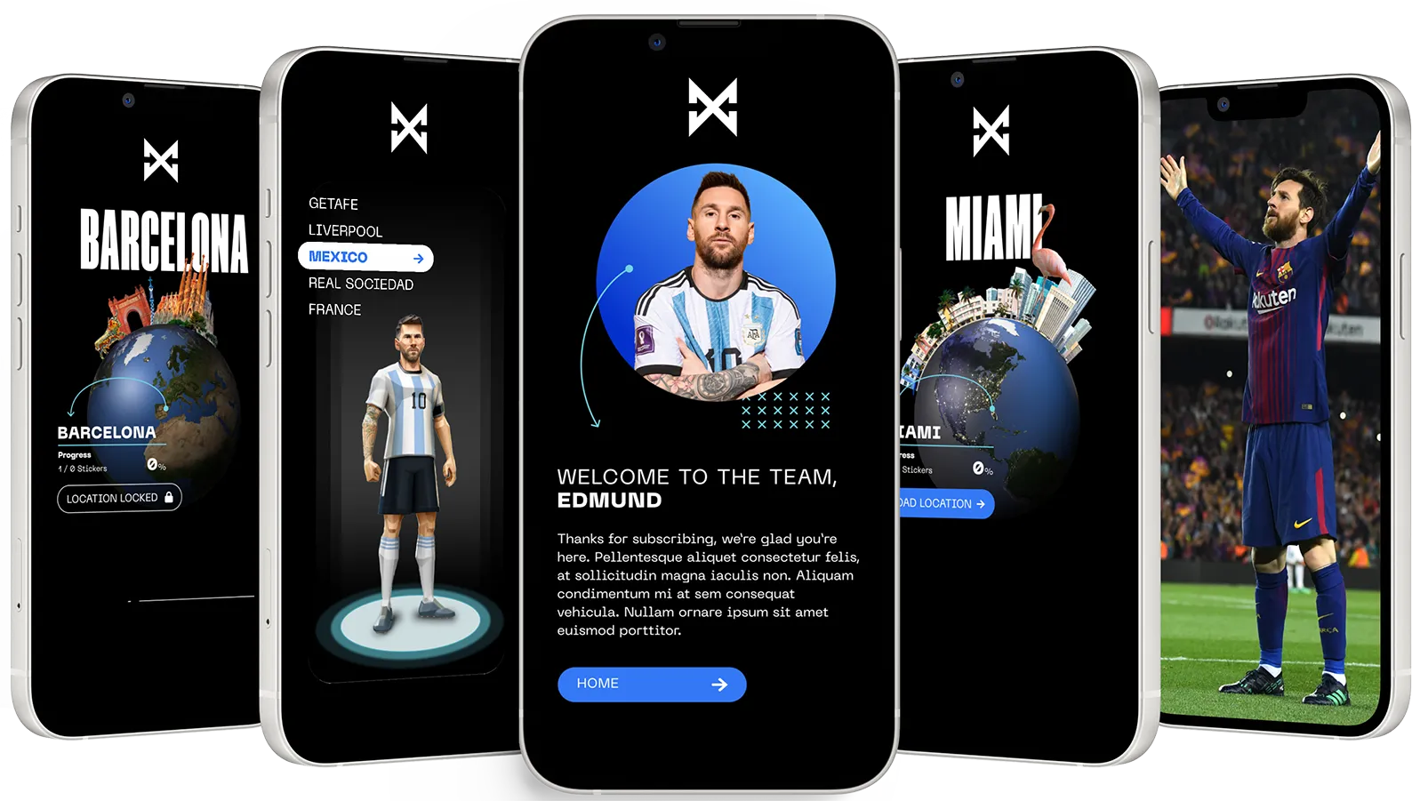 Five Messiverse app screens shown on phones
