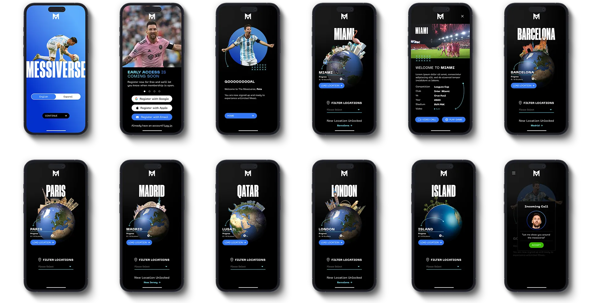 The full set of Messiverse app screens, one per city