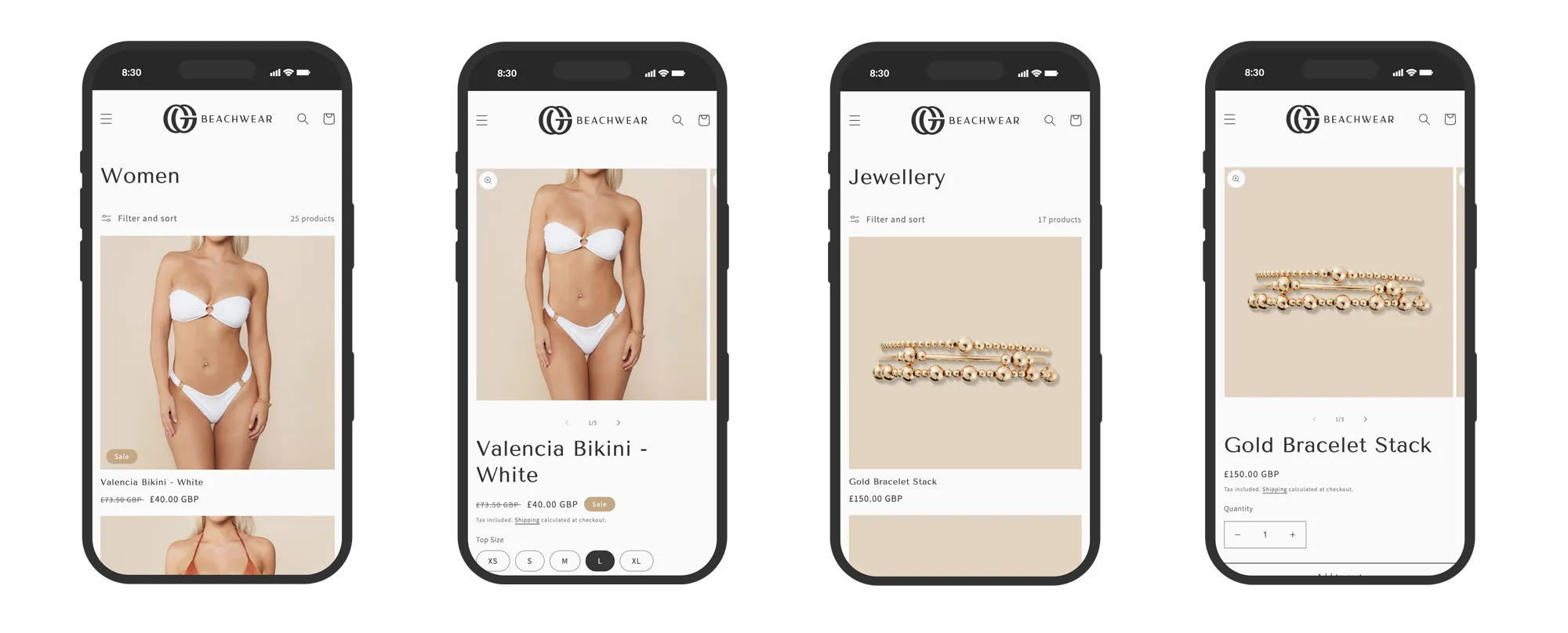 Four pages of the OG Beachwear online shop shown on phones