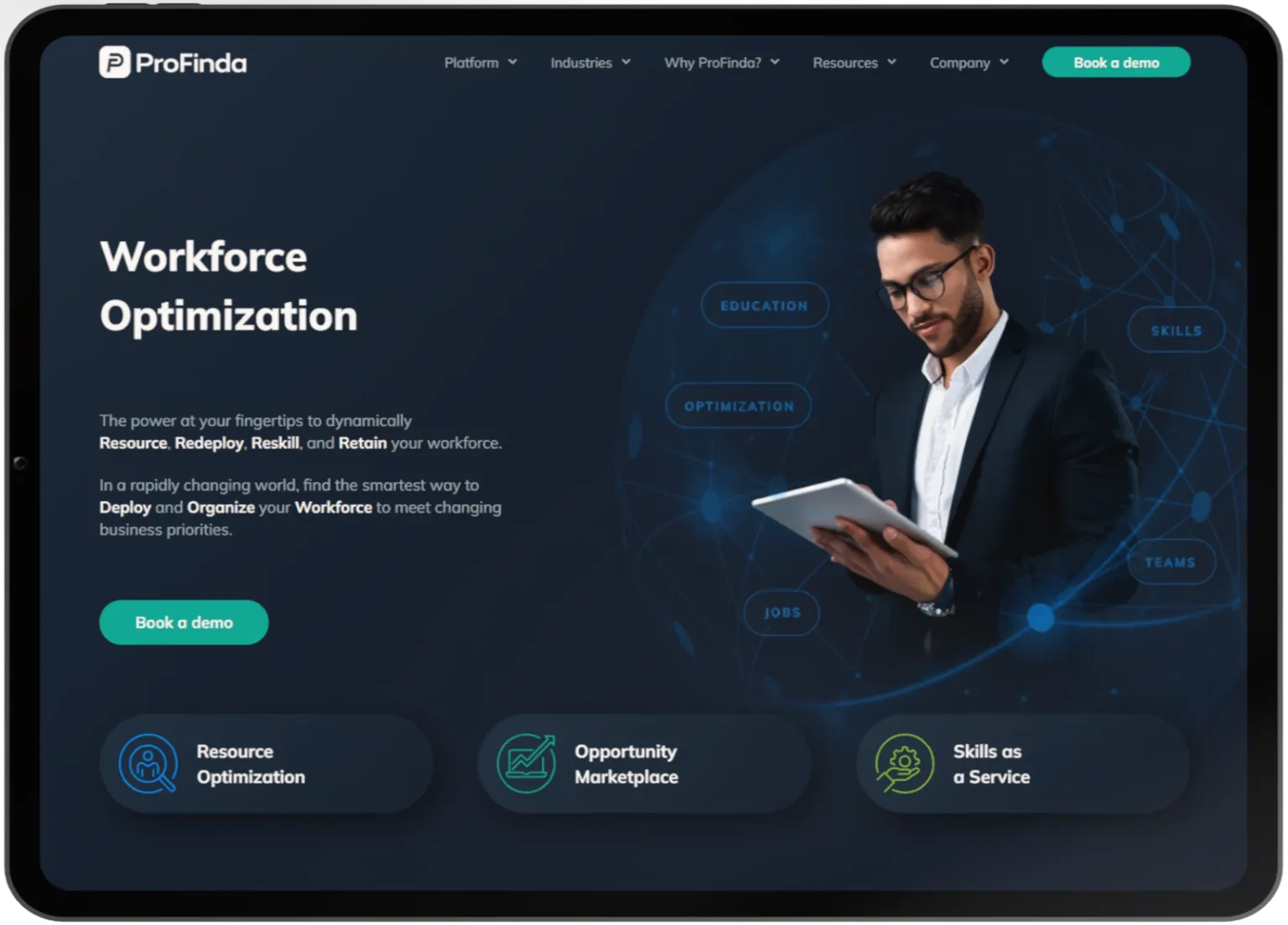 The ProFinda website home page, headed Workforce Optimization, shown on a tablet